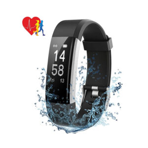 Montre et bracelet intelligent étanche et noir IP 67 de Mpow, Fitness tracker avec un moniteur de fréquence cardiaque et de sommeil, 14 modes d’exercices et 4 cadrans de montres.
